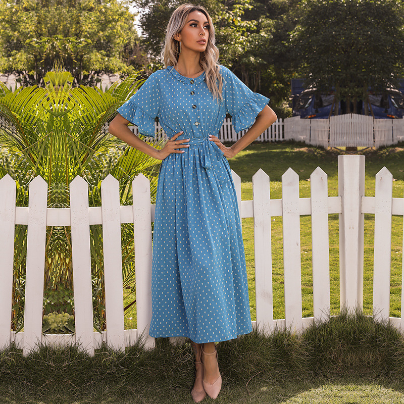 Floral Print Ruffle Sleeve Dress Round Neck Black Polka Dot Summer Style Wholesale Available