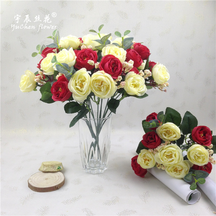 欧式10头茶玫 仿真花束 婚庆绢布家居手捧装饰假花餐桌玫瑰山茶苞