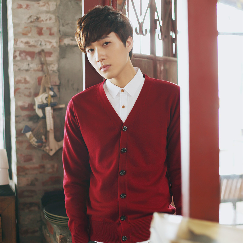 春秋装新款针织线衫男开衫薄款毛衣纯色青年男士纯棉V领针织外套