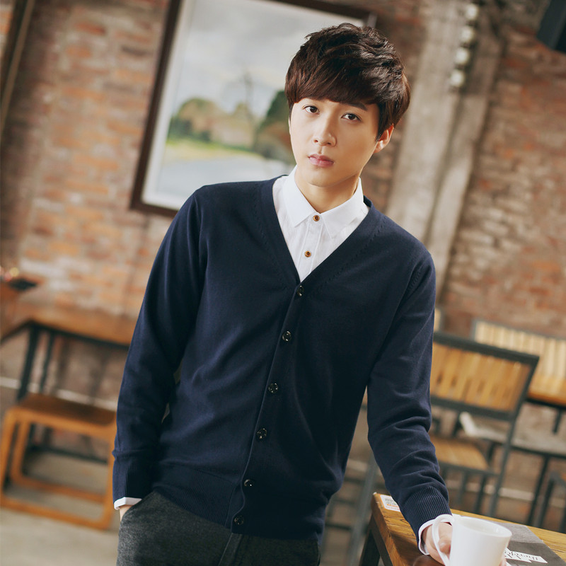 春秋装新款针织线衫男开衫薄款毛衣纯色青年男士纯棉V领针织外套