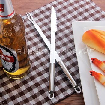 Thickened and Lengthened Barbecue Tools Stainless Steel Barbecue Knife and Fork Set Round Handle Barbecue Utensils for Grilling and Baking Wholesale