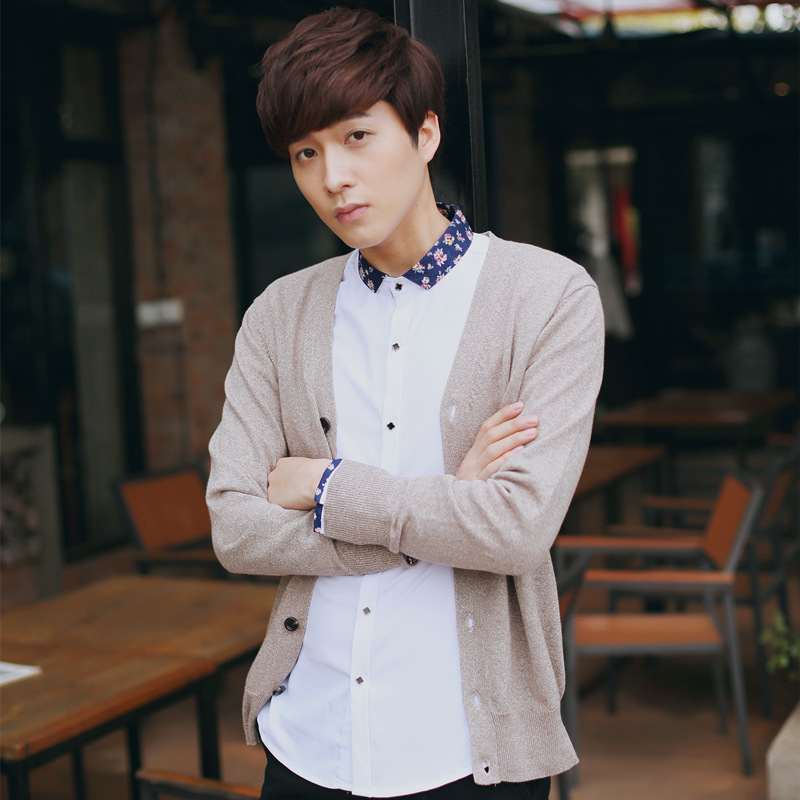 春秋装新款针织线衫男开衫薄款毛衣纯色青年男士纯棉V领针织外套