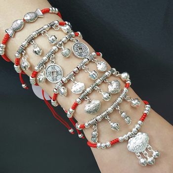 Stall hot selling Miao silver red rope woven bracelet Miao silver anklet red rope woven alloy Xizang silver bracelet wholesale
