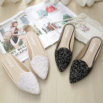 A1-9 Women's Sandals, Closed-Toe Mules, Pointed Toe Rhinestone Roman Flat Sandals, Loafers, Low Heel, Comfortable and Versatile