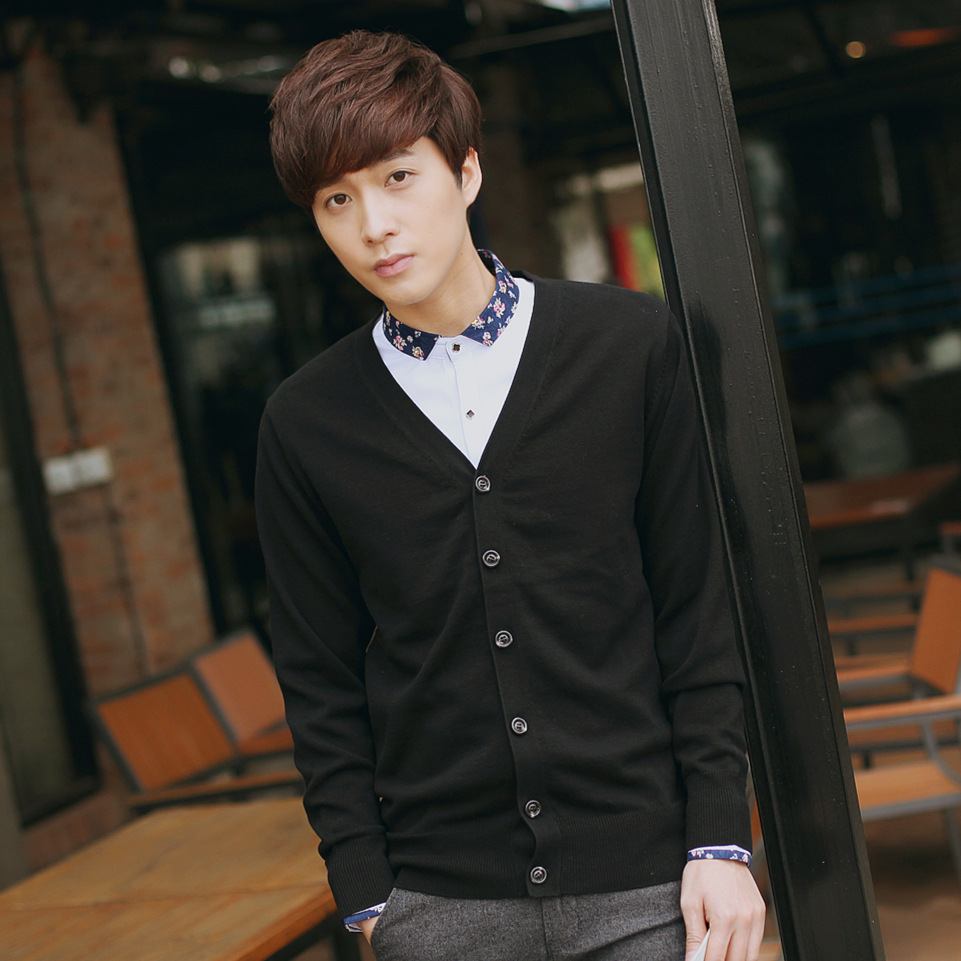 春秋装新款针织线衫男开衫薄款毛衣纯色青年男士纯棉V领针织外套