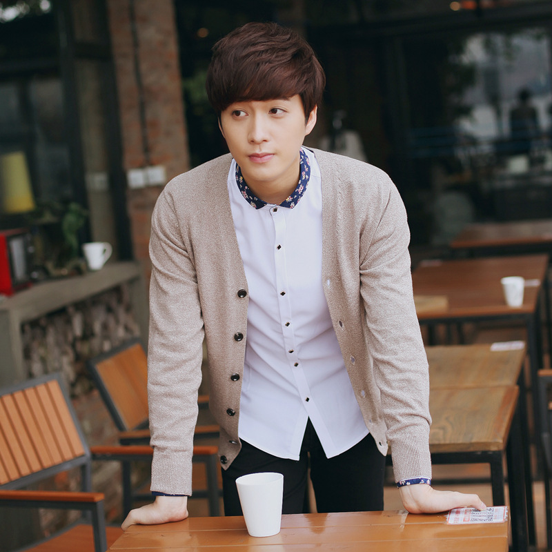 春秋装新款针织线衫男开衫薄款毛衣纯色青年男士纯棉V领针织外套