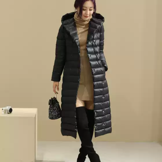 Cross-Border Autumn and Winter New Belt Long down Jacket for Women over the Knee Fat mm Large Size Liner Lightweight Slim Jacket Trendy