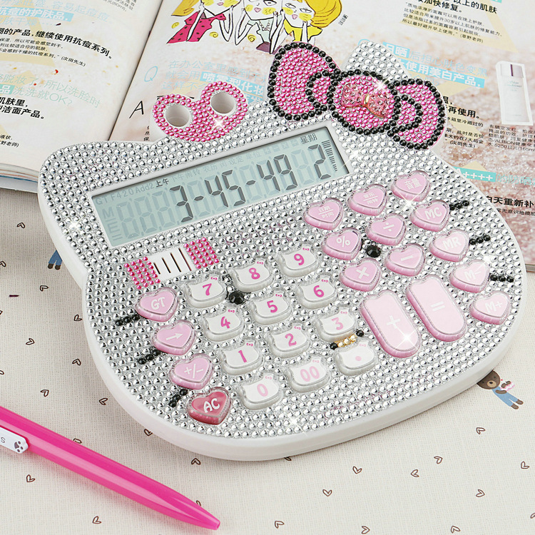 大号猫头语音计算机报号镶钻卡通KT-3300计算器带钻粉色贴钻可爱
