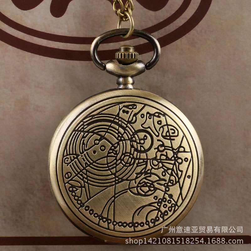 Classic Retro Necklace Pocket Watch, Bronze Flip Cover, Doctor Who Style, Large Dial, Quartz Watch, Vintage