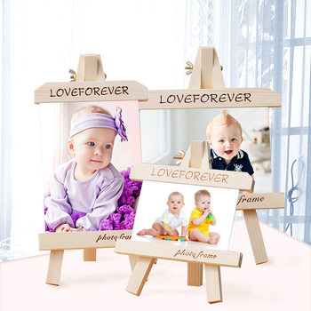 Factory wholesale small easel creative photo frame 7 inch 8 inch wedding photography children's wooden photo frame easel logo