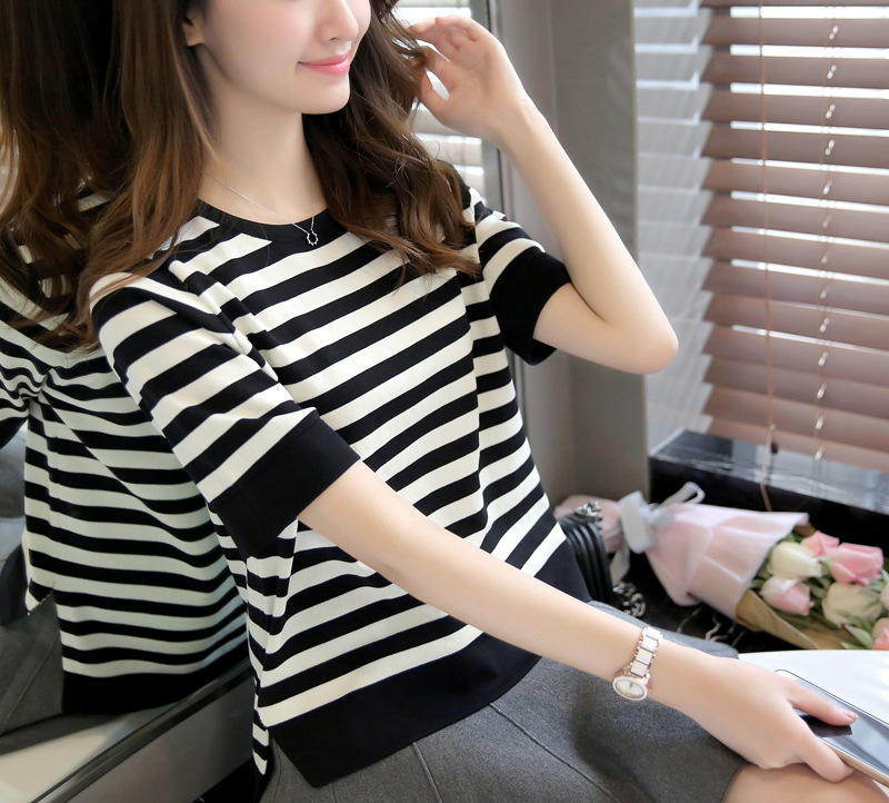 【现货】夏装宽松大码女装潮韩版打底衫 条纹短袖开叉上衣拼色T恤