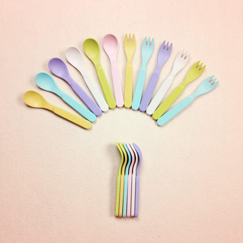 Bamboo Fiber Baby Food Supplement Spoon and Fork Candy Color Kidsren's White Pink Purple Gray Fork and Spoon Healthy Tableware