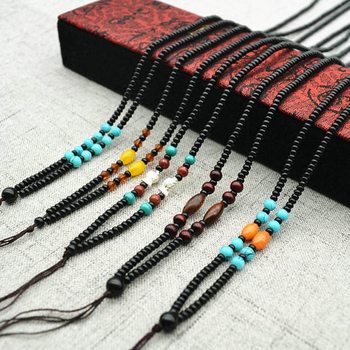 Lanyard Necklace Rope Imitation Black Agate Beads Turquoise Chicken Wing Wood Pendant Rope Sweater Chain Jade Rope S1