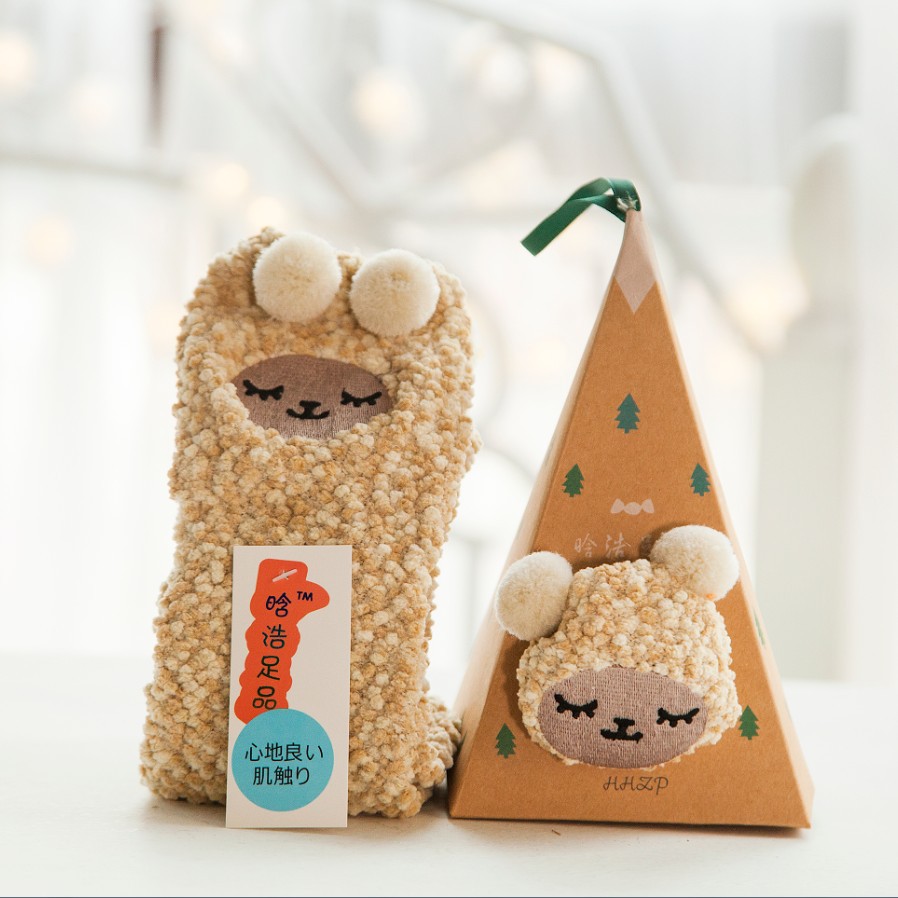 日系圣诞地摊袜子刺绣立体家居珊瑚绒卡通加厚毛巾地板半边绒女袜