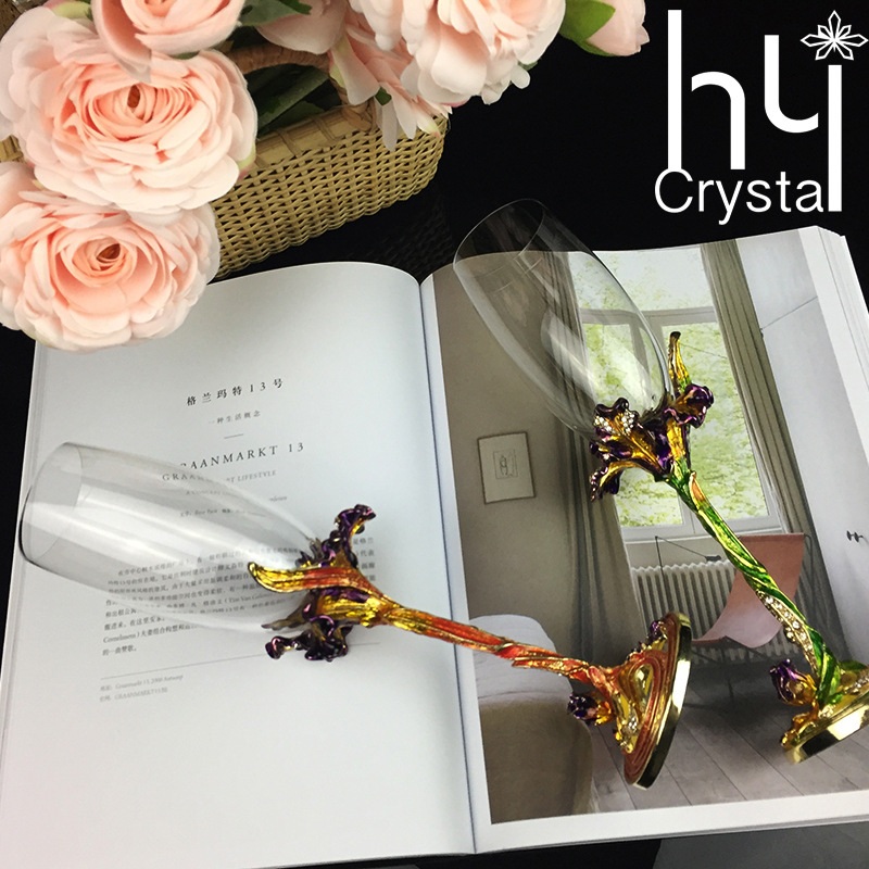 Hua Zheng Yan Iris Carved Champagne Cup Enamel Color Crystal Crafts Creative Business Gift Home Gift Set