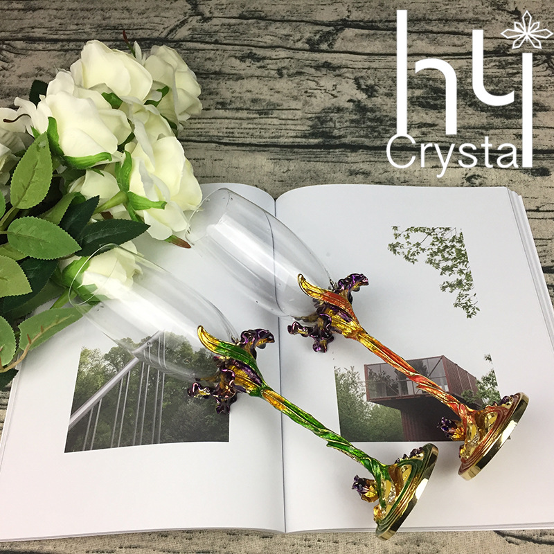 Hua Zheng Yan Iris Carved Champagne Cup Enamel Color Crystal Crafts Creative Business Gift Home Gift Set