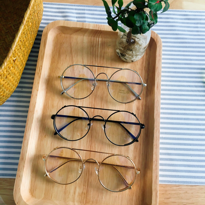 Internet Celebrity Same Style Retro Art Glasses Women's Large Round Frame Metal Thick Edge Distinctive Face-Covering Glasses Frame Flat Glasses for Men