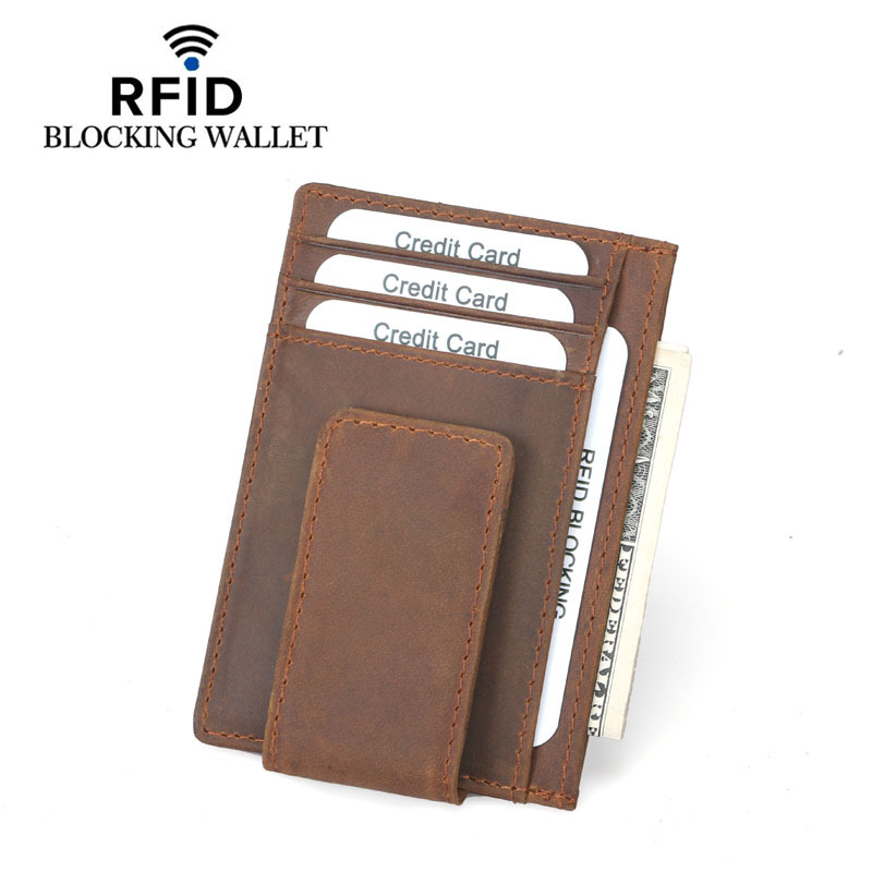 Cross-Border Men's and Women's First-Layer Cowhide Crazy Horse Leather Magnetic Card Holder European and American Anti-Theft Brush Genuine Leather Multi-Card Slot Dollar Clip