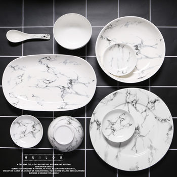 Grey Building Creative Ceramic Tableware Marble Pattern Household Dish Bowl Soup Bowl Soup Spoon Hotel Dishes and Dishes Set