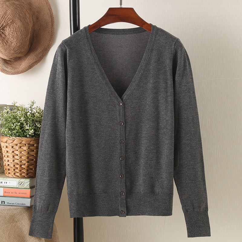 现货跨境货源女装V领春秋针织开衫女款纯色长袖v领外搭薄毛衣大码