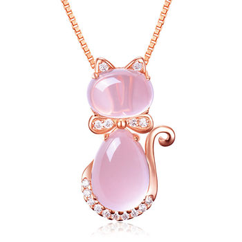 Korean Style Necklace Rose Gold Plated Natural Hibiscus Stone Pink Crystal Cat Women's Pendant Collarbone Chain Jewelry Pendant