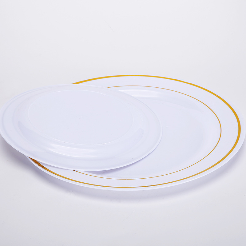 Manufacturer Wholesale 7.5inch White Gold-Stamped Round Ps Plastic Plates, Dinner Plates, Hot Pot Plates, Snack Fruit Plates for Commercial Use