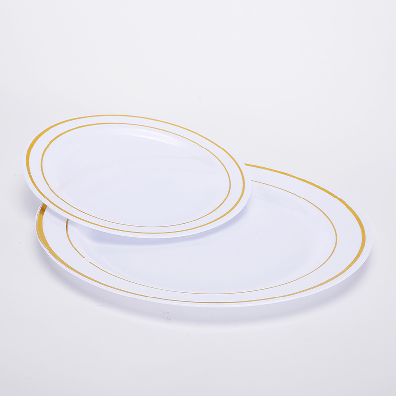 Manufacturer Wholesale 7.5inch White Gold-Stamped Round Ps Plastic Plates, Dinner Plates, Hot Pot Plates, Snack Fruit Plates for Commercial Use
