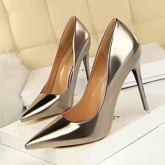 9511-7 European and American Style Fashionable Metal Heel High Heels Women's Shoes High Heels Shallow Mouth Pointed Toe Sexy Nightclub Slim Shoes