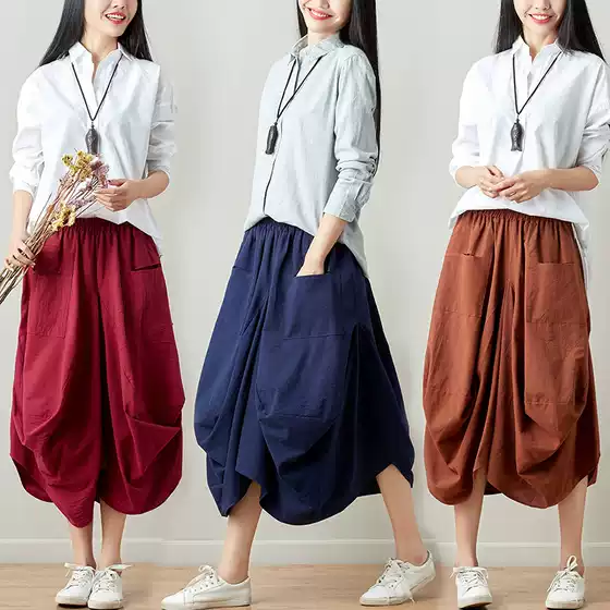 2026 Summer New 10 Colors Solid Cotton Linen Midi Skirt Loose Plus Size Elastic Waist Lantern Skirt for Women