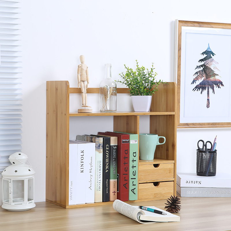 楠竹带抽办公小书架桌面收纳简约桌上书架学生书架置物架厂家批发