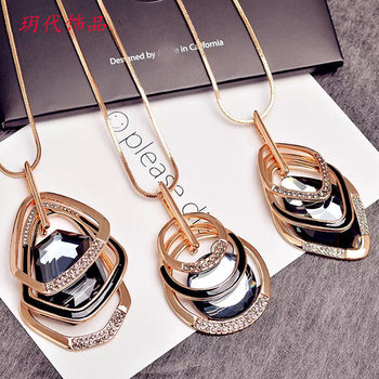 Cross-Border Accessories New Personalized Long Multi-Layered Geometric Crystal Sweater Chain Pendant Necklace Manufacturer Wholesale