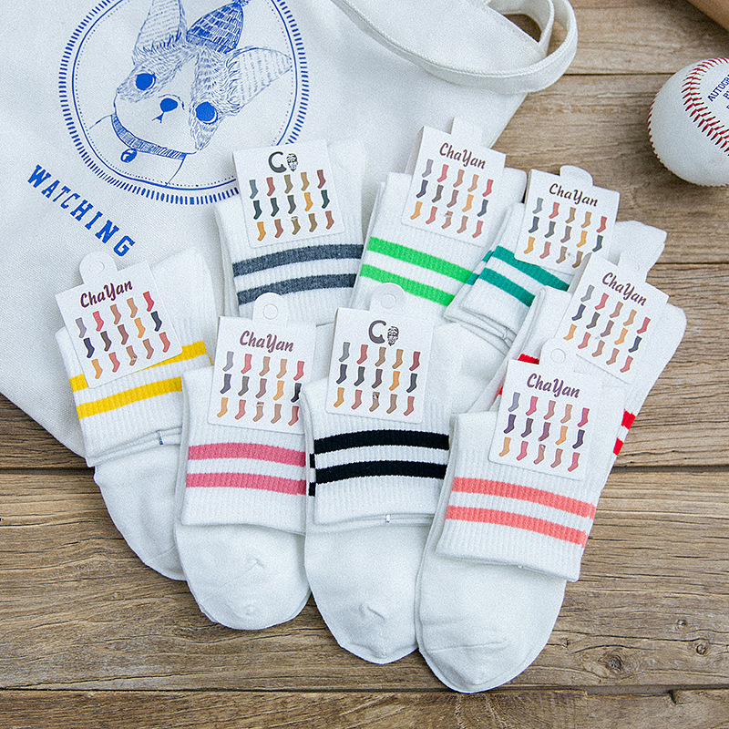 袜子厂家批发茶颜新款二杠条纹女袜中筒运动棉短袜棒球袜子女