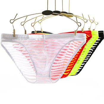 Junye Men's Mesh Transparent Briefs Thin Breathable Bag Striped Underwear Summer Trendy Young Men's Briefs