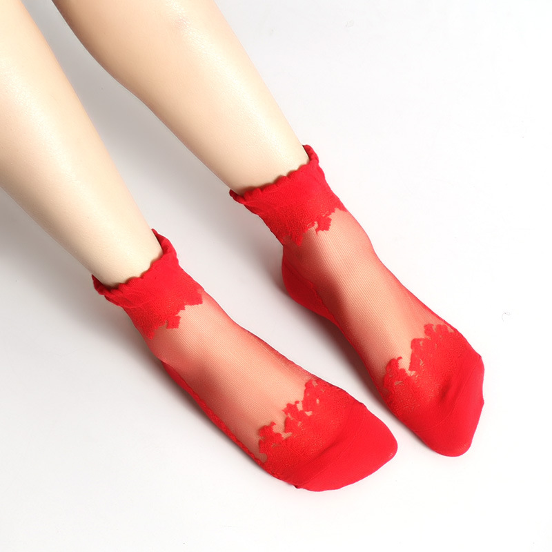 春季薄款中筒袜棉底玻璃丝袜子女蕾丝花边短款袜子防滑透气水晶袜