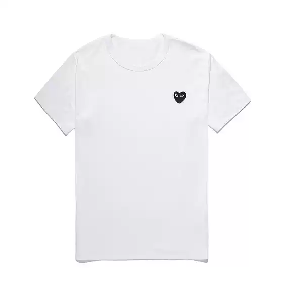 Heiplay Japanese Trendy Brand T-shirt Peach Heart Men's and Women's Round Neck Pure Cotton Short Sleeve White Embroidered Big Black Heart Couple
