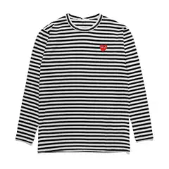 Hsyplay Japanese Style Trendy Brand Peach Heart Long-Sleeved Round Neck Pure Cotton Men's and Women's Couple Style Black Stripesd Red Heart T-Shirt