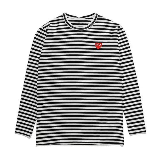 Hsyplay Japanese Style Trendy Brand Peach Heart Long-Sleeved Round Neck Pure Cotton Men's and Women's Couple Style Black Stripesd Red Heart T-Shirt