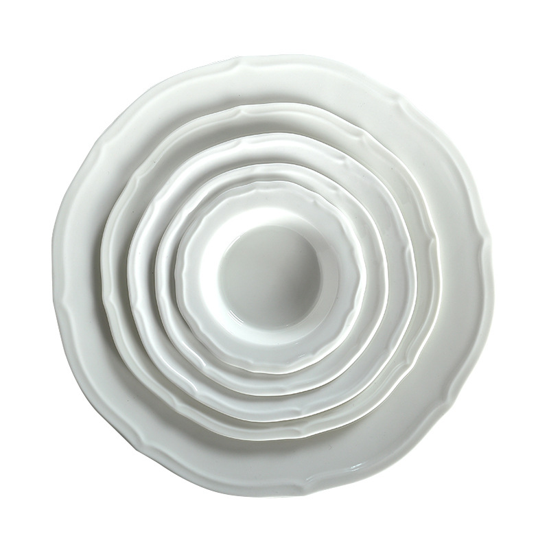 Pure White Steak Western Food Plate Hotel Household Ceramic Soup Plate Bowl Western Restaurant Creative Embossed Pattern Food Plate Tanghua