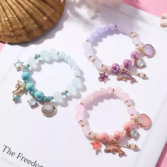 Korean style sweet ocean holiday style dolphin shell bracelet fashion pink crystal floral crystal bracelet small fresh bracelet for women