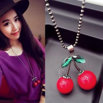 Korean Style Rhinestone Alloy Leaf New Necklace Fashionable Versatile Cherry Sweater Chain Spring and Summer Necklace Supply Accessories