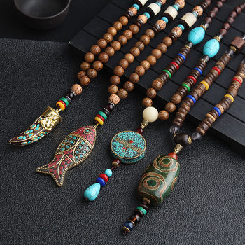 Nepal Handmade Jewelry Pendant Vintage Ethnic Style Woolen Chain Wooden Bead Necklace Long Women's Accessories Decorative Pendant