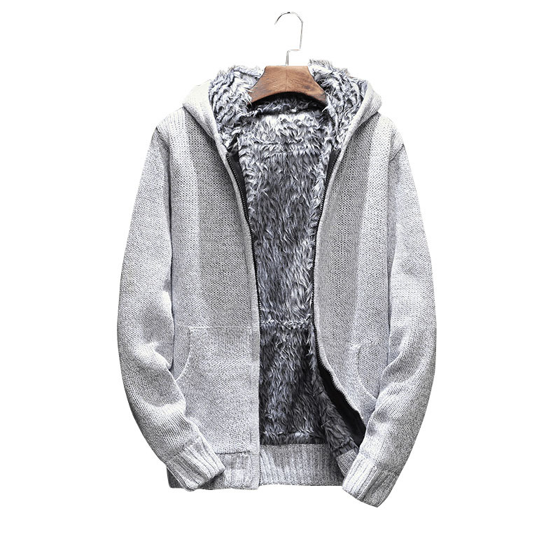 外贸秋冬季韩版男装男式加绒加厚连帽开衫毛衣外套青年潮流针织衫
