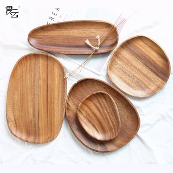 Carved shaped solid wood breakfast fruit pizza plate acacia wood cake snack plate wooden tray