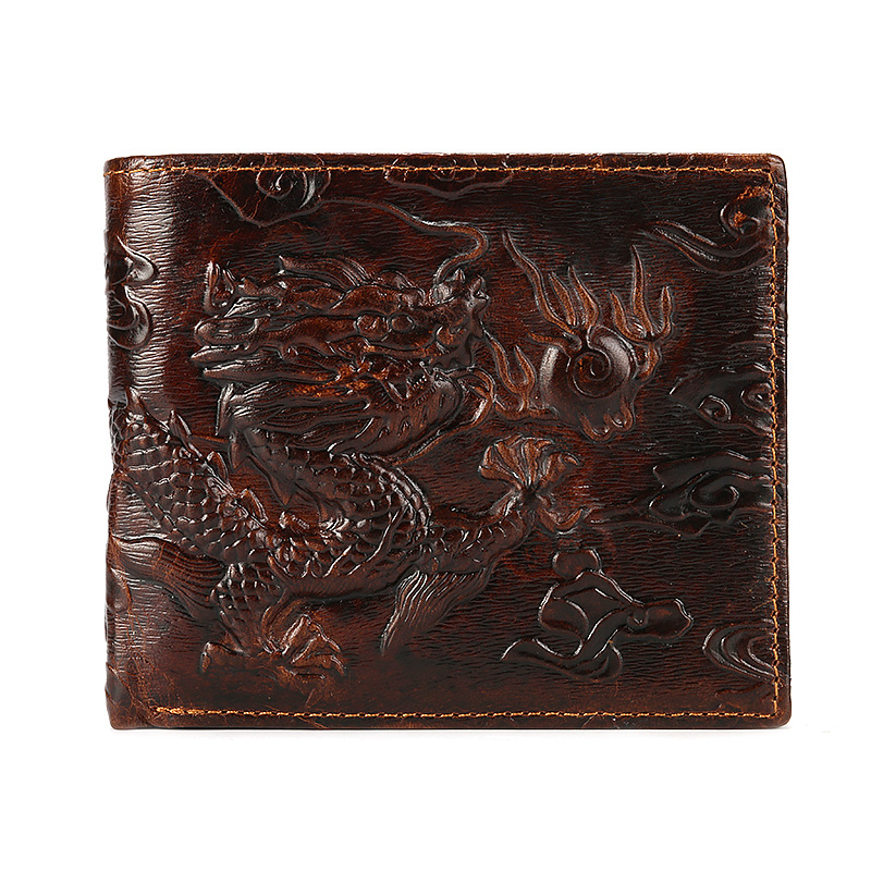 Guangzhou wholesale men's wallet horizontal and vertical short embossed dragon pattern wallet clip head layer oil leather business leather wallet