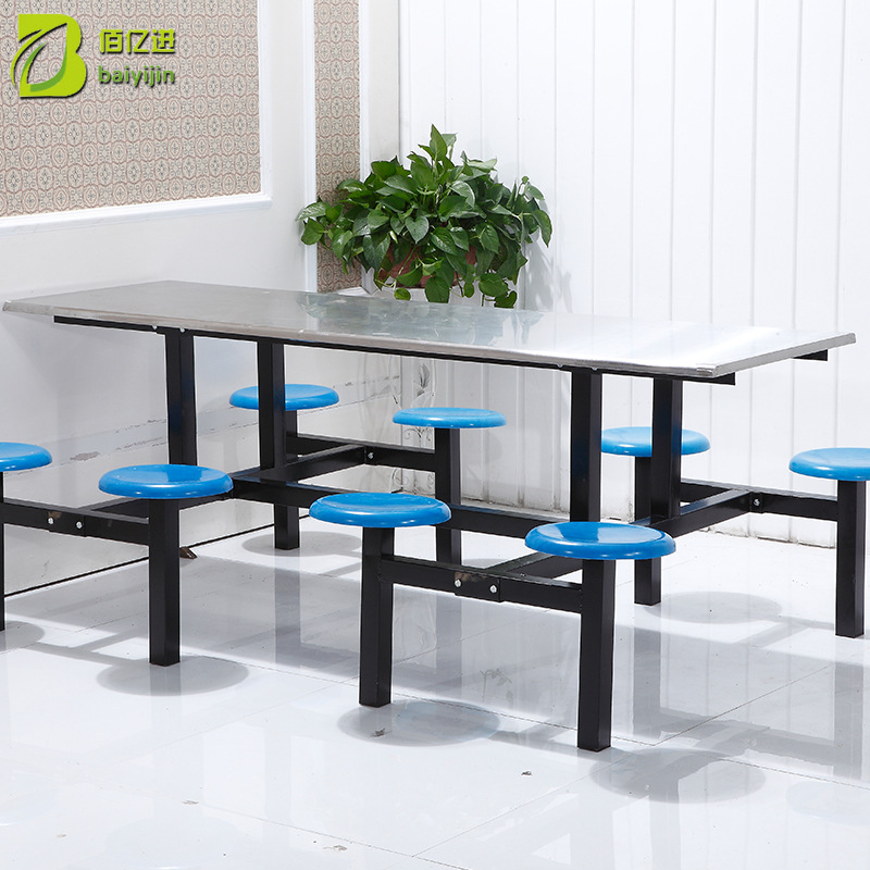 学生校员工公司食堂餐厅8人餐桌椅 厂家不锈钢连体条形八人餐桌椅