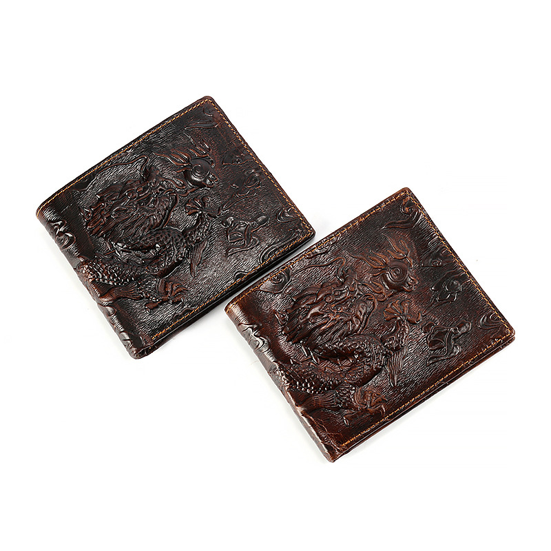 Guangzhou wholesale men's wallet horizontal and vertical short embossed dragon pattern wallet clip head layer oil leather business leather wallet