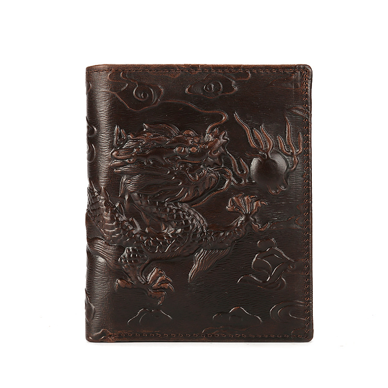Guangzhou wholesale men's wallet horizontal and vertical short embossed dragon pattern wallet clip head layer oil leather business leather wallet