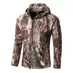 Shark skin soft shell three-in-one jacket men's warm outdoor windbreaker large leaves camouflage fleece-lined jacket hooded