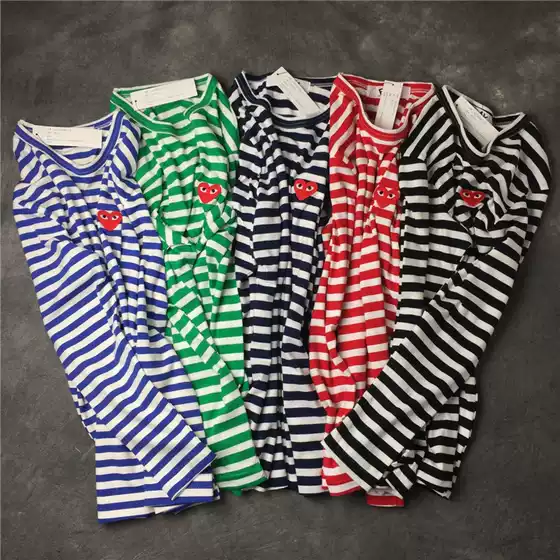 Five-color striped small red heart embroidered cotton long sleeve autumn round neck cotton striped long sleeve red heart