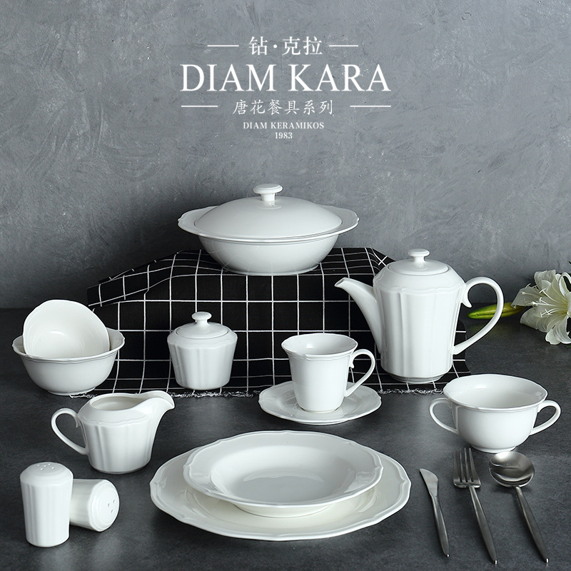 Pure White Steak Western Food Plate Hotel Household Ceramic Soup Plate Bowl Western Restaurant Creative Embossed Pattern Food Plate Tanghua